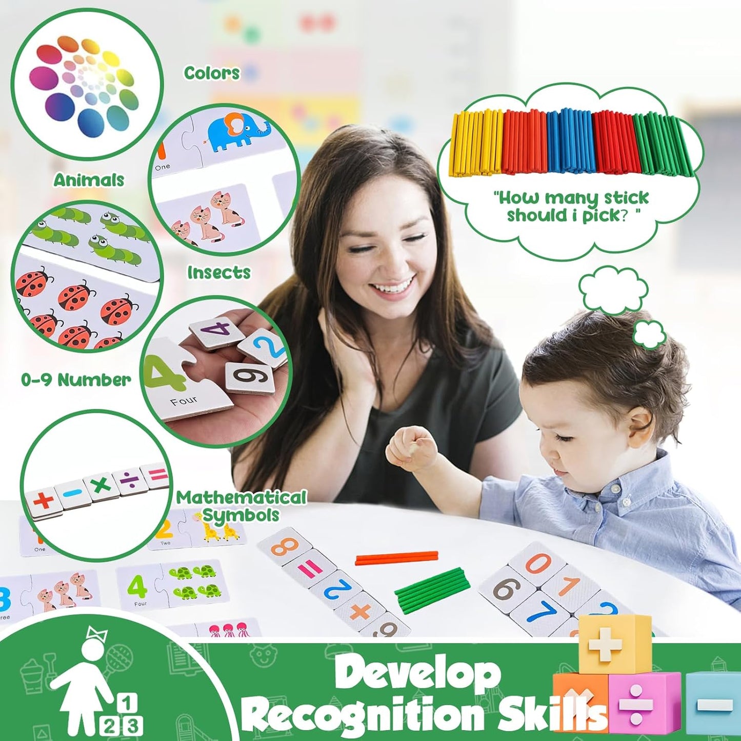 TEUVO Montessori Mathematik Zählen Spielzeug Für Kinder 3-6 Jahre, Vorschule Lernspielzeug Mit Zahlenpuzzle/Zählstäbe/Mathekarten, Mathematik Lernmaterial Für Home Schule Lehre