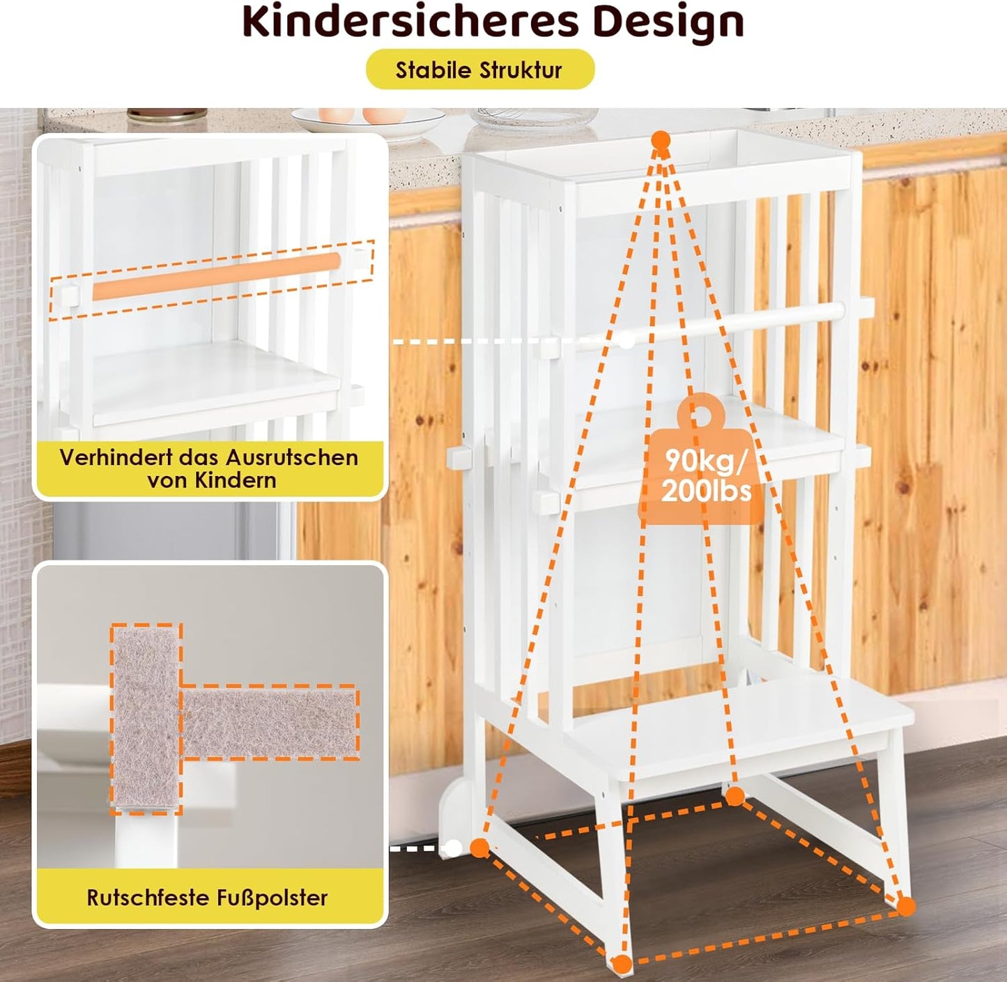 3 Stufen Höhenverstellbar Lernturm Und Tritthocker Für Kinder, a Förmiger Struktur, Sicherheitsgeländer, Für Kinder Im Alter Von 18-36 Monaten, Montessori Küchenhelfer, Bambusholz,Weiß