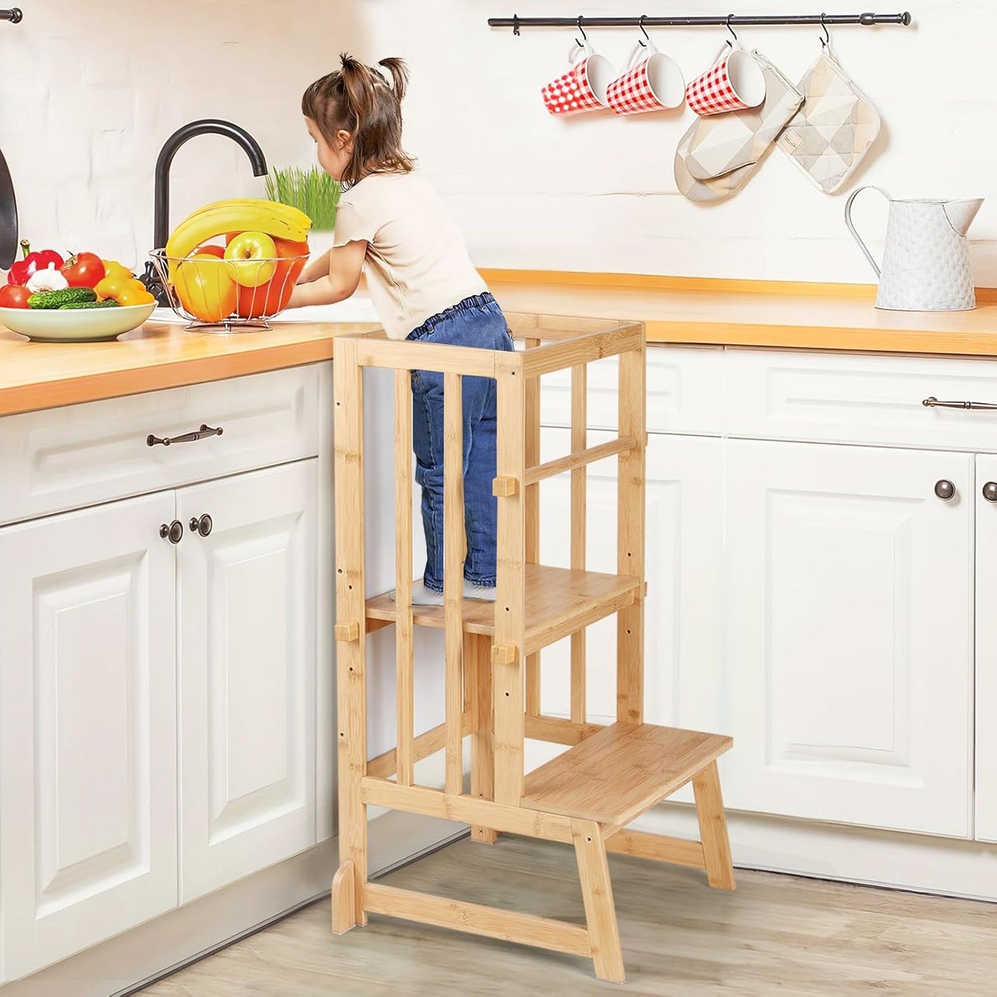 3 Stufen Höhenverstellbar Lernturm Und Tritthocker Für Kinder, a Förmiger Struktur, Sicherheitsgeländer, Für Kinder Im Alter Von 18-36 Monaten, Montessori Küchenhelfer, Bambusholz,Natural
