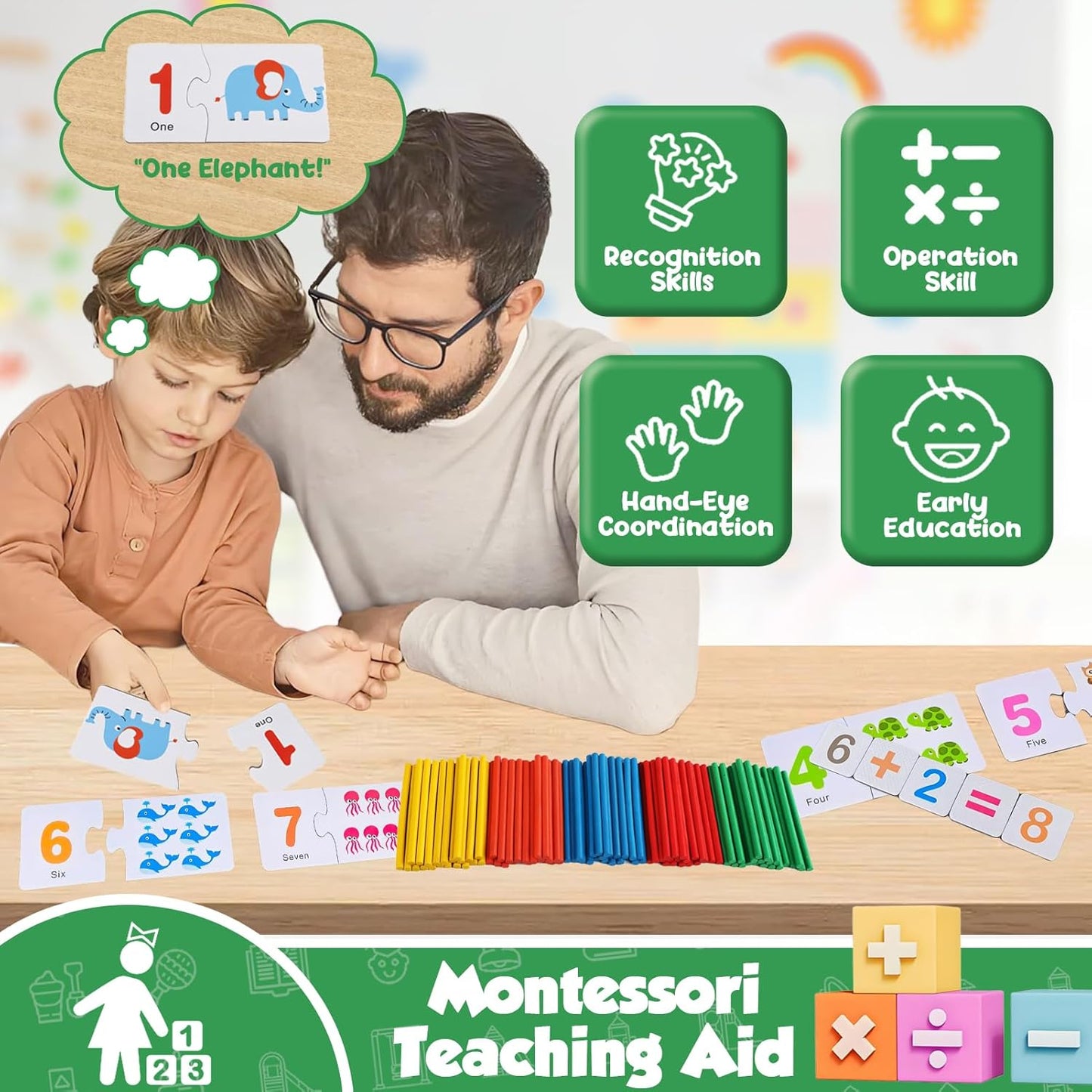 TEUVO Montessori Mathematik Zählen Spielzeug Für Kinder 3-6 Jahre, Vorschule Lernspielzeug Mit Zahlenpuzzle/Zählstäbe/Mathekarten, Mathematik Lernmaterial Für Home Schule Lehre