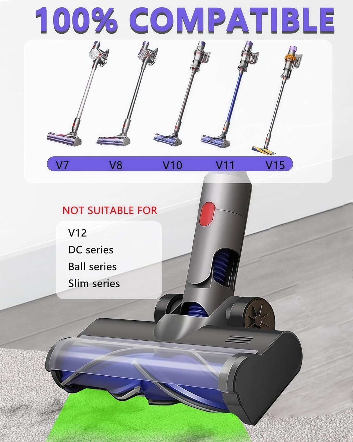 Staubsaugerkopf Ersatz Für Dyson V15 V11 V10 V8 V7, Staubsaugeraufsatz Mit Grünem Led-Licht & Verwicklungsfreier Rollenbürste, Hartholz- Und Teppichbodenreinigungszubehör