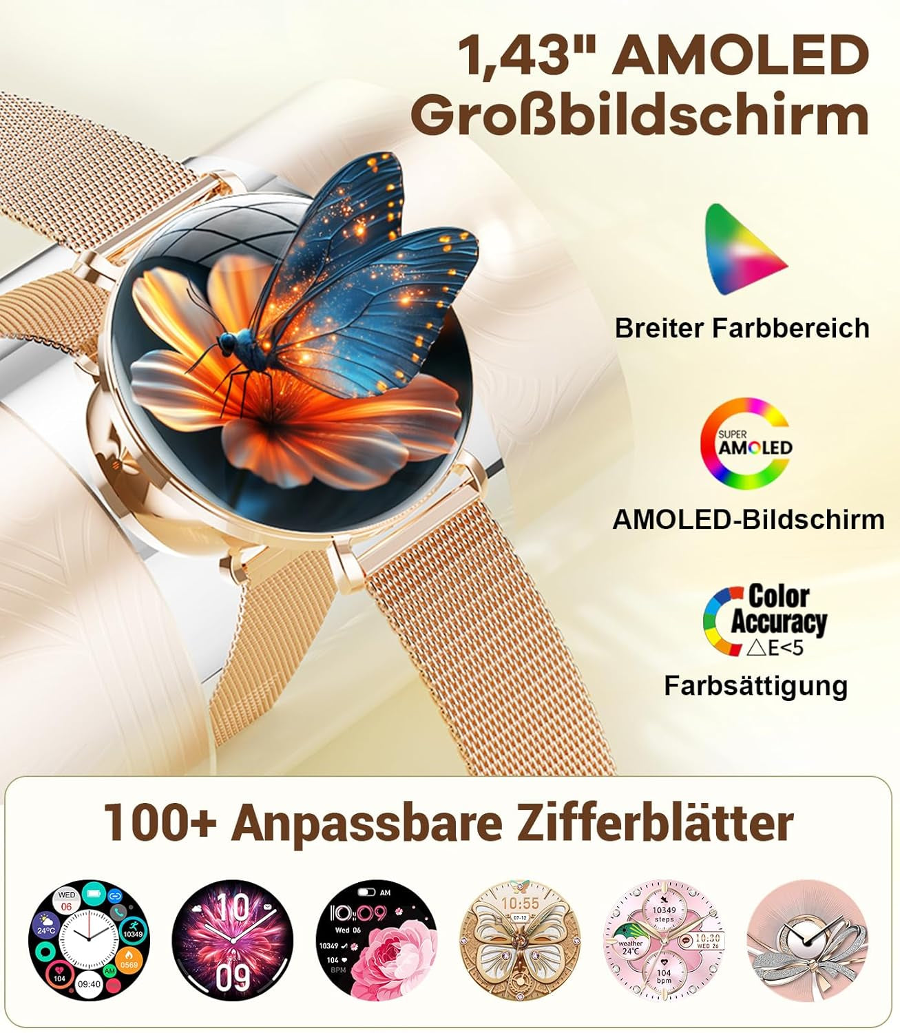 LIGE 2025 Smartwatch Damen, 1,43" HD AMOLED Kreisbogen Display RosĂ©gold Armbanduhr Mit Telefonfunktion, Menstruationszyklus/Herzfrequenz, IP68 Wasserdicht 120+ Sportmodi Sportuhr FĂŒr Andriod Ios