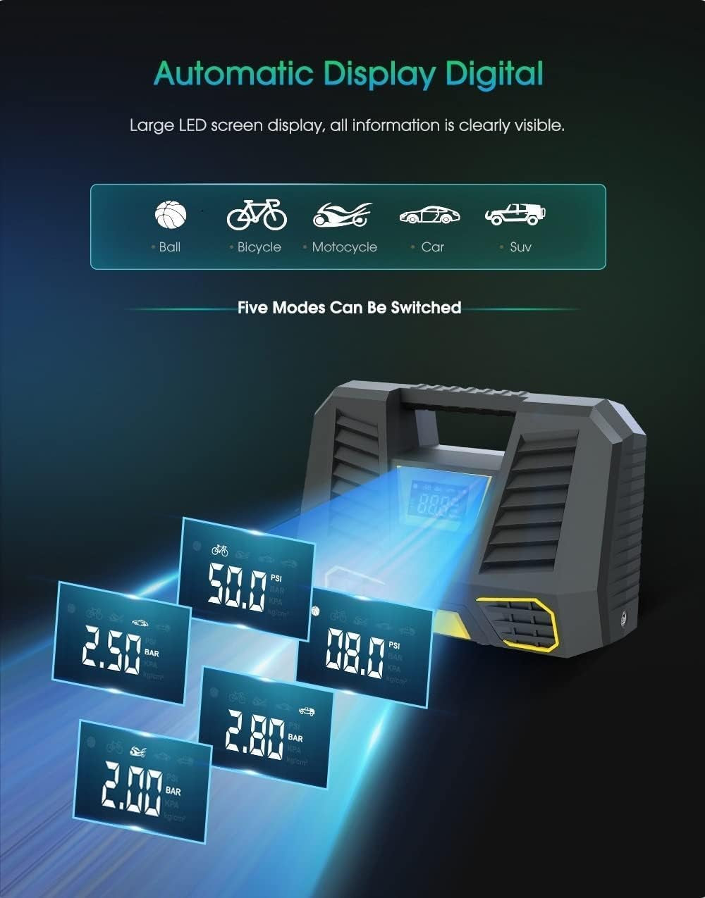 Tragbarer Luftkompressor, 150 PSI, 12 V DC, Reifenfüller Mit Lcd-Display Und Led-Lampe, Schwarz/Gelb