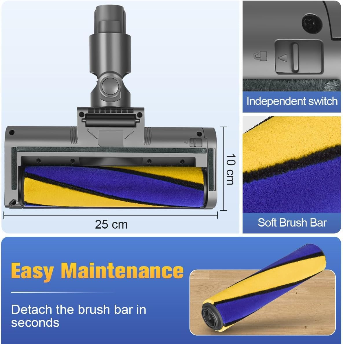 Softwalze Bodendüse Kompatibel Mit Dyson V7 V8 V10 V11 V15 Staubsauger | Ersatzbürste Mit LED | Staubanzeige-Funktion | Zubehör Für Quick Release-Turbobürste Für Hartboden