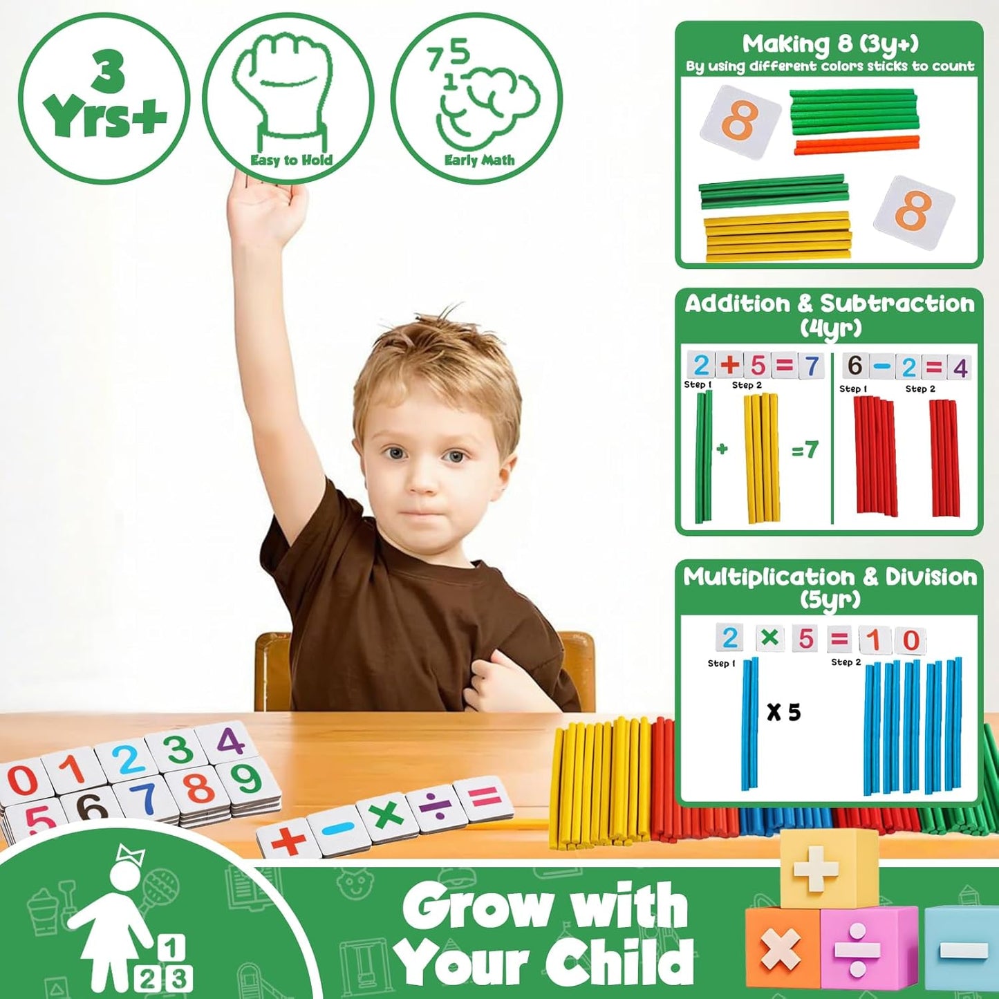 TEUVO Montessori Mathematik Zählen Spielzeug Für Kinder 3-6 Jahre, Vorschule Lernspielzeug Mit Zahlenpuzzle/Zählstäbe/Mathekarten, Mathematik Lernmaterial Für Home Schule Lehre