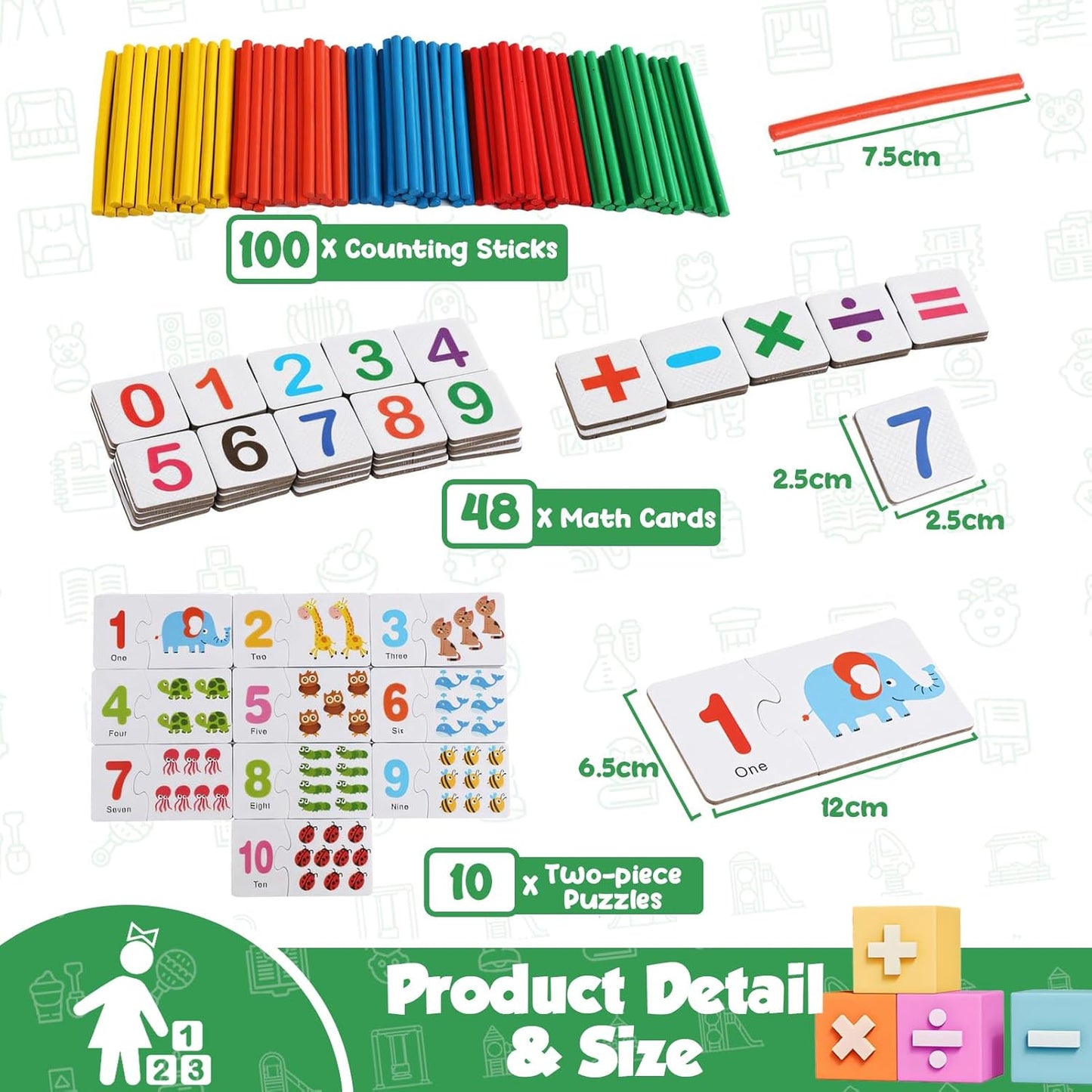 TEUVO Montessori Mathematik Zählen Spielzeug Für Kinder 3-6 Jahre, Vorschule Lernspielzeug Mit Zahlenpuzzle/Zählstäbe/Mathekarten, Mathematik Lernmaterial Für Home Schule Lehre