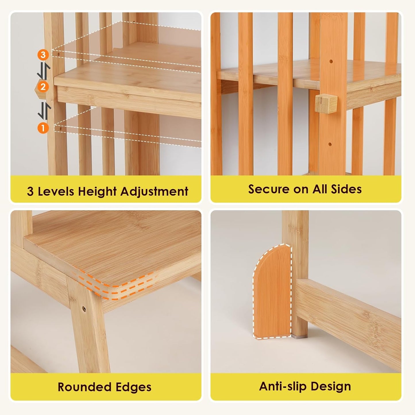 3 Stufen Höhenverstellbar Lernturm Und Tritthocker Für Kinder, a Förmiger Struktur, Sicherheitsgeländer, Für Kinder Im Alter Von 18-36 Monaten, Montessori Küchenhelfer, Bambusholz,Natural