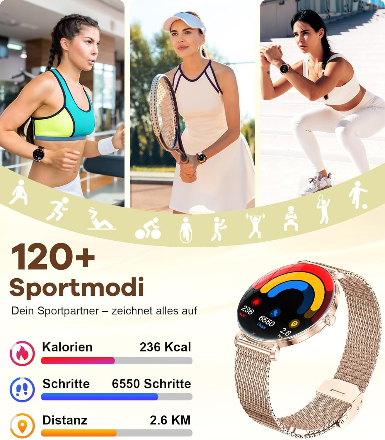 LIGE 2025 Smartwatch Damen, 1,43" HD AMOLED Kreisbogen Display RosĂ©gold Armbanduhr Mit Telefonfunktion, Menstruationszyklus/Herzfrequenz, IP68 Wasserdicht 120+ Sportmodi Sportuhr FĂŒr Andriod Ios