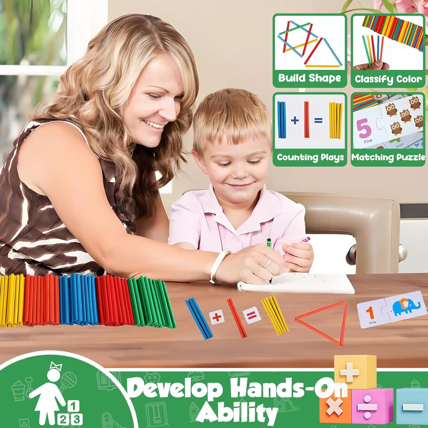 TEUVO Montessori Mathematik Zählen Spielzeug Für Kinder 3-6 Jahre, Vorschule Lernspielzeug Mit Zahlenpuzzle/Zählstäbe/Mathekarten, Mathematik Lernmaterial Für Home Schule Lehre