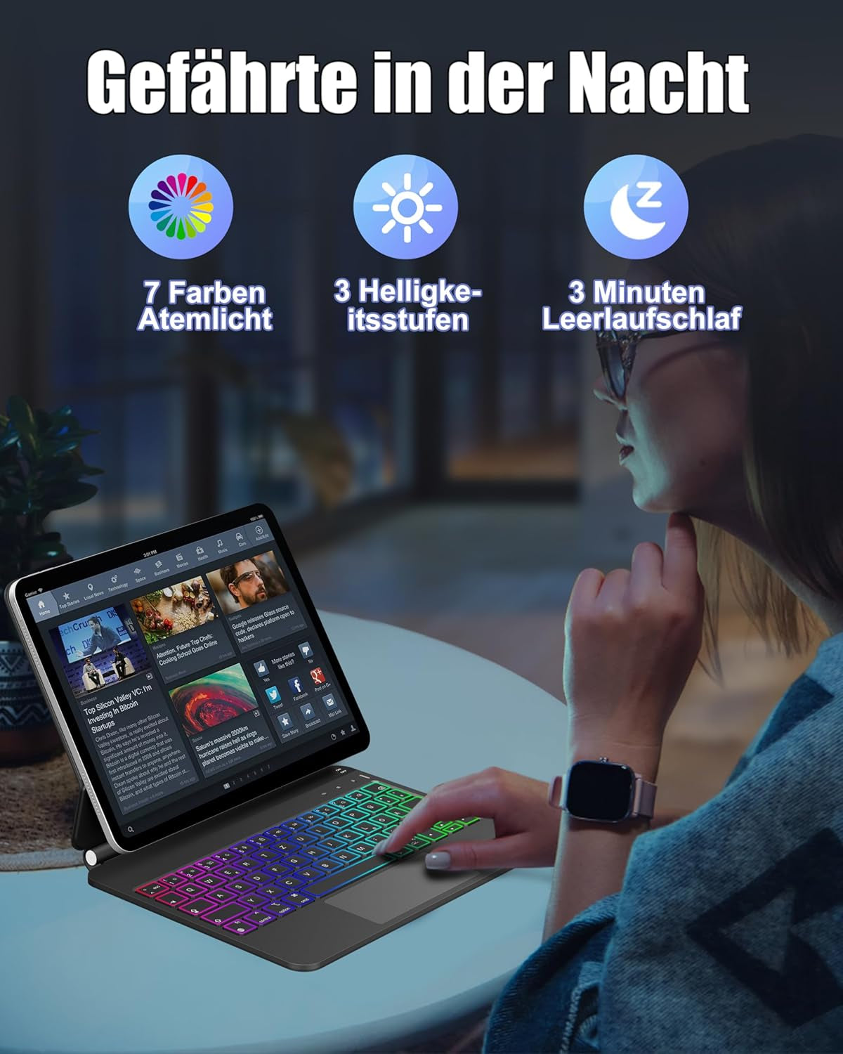 Tastaturhülle Für Ipad Pro 11 Zoll (M4 2024) – DE QWERTZ Tastatur Mit Rgb-Hintergrundbeleuchtung, Funktionstasten & Multi-Touch-Trackpad, Leicht & Langlebig, Schwarz-Grau