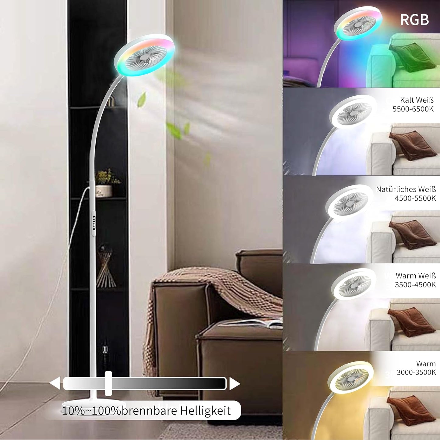 Stehlampe Mit Ventilator, Ventilatorlicht Mit RGB18W/1500 Lm Led-Stehlampe, Stufenlos Einstellbare 3000-6000K Farbe Und Dimmer, Fernbedienung Und Tastensteuerung (Schwarz, 1-Lüfterlicht)