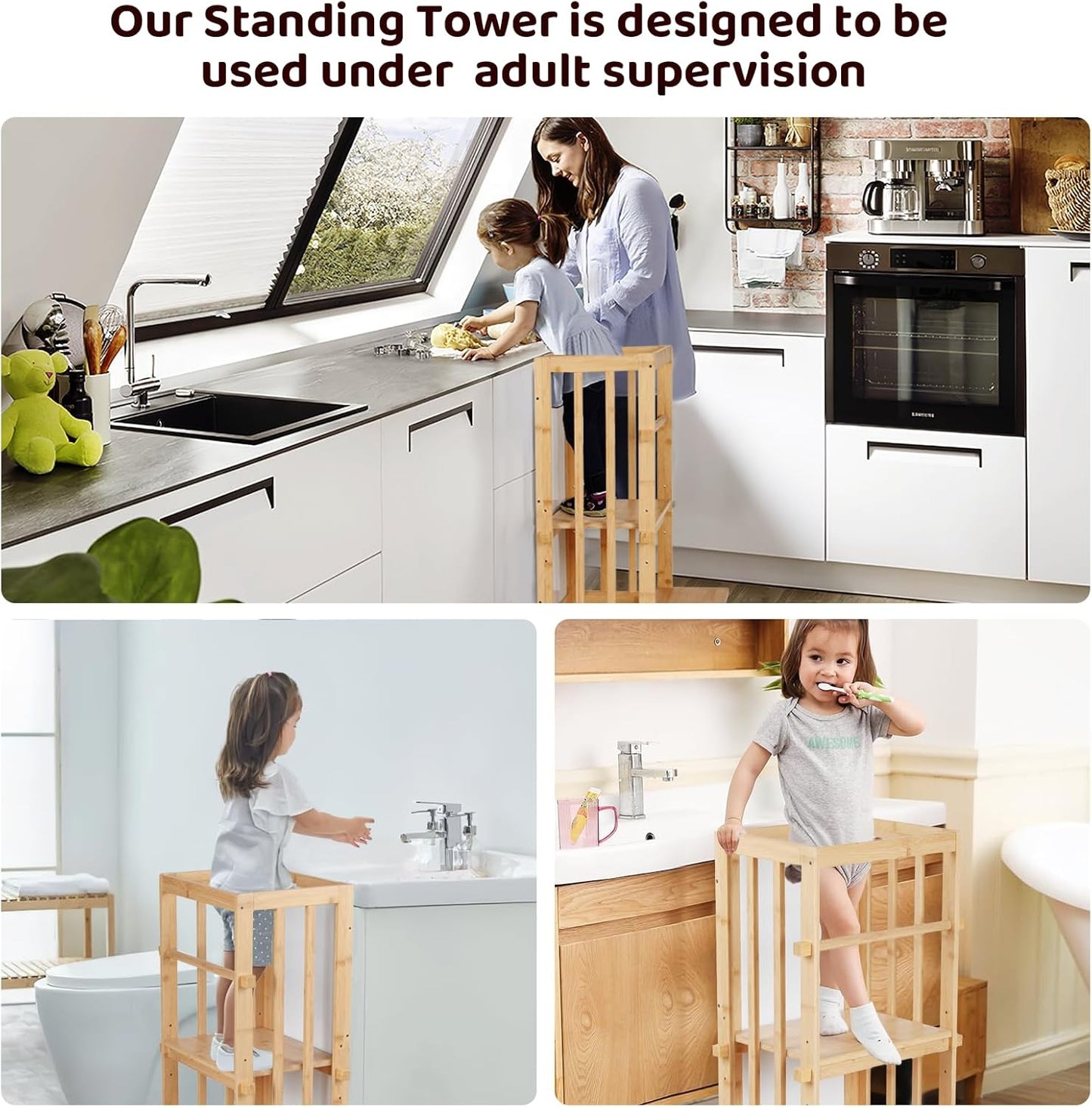 3 Stufen Höhenverstellbar Lernturm Und Tritthocker Für Kinder, a Förmiger Struktur, Sicherheitsgeländer, Für Kinder Im Alter Von 18-36 Monaten, Montessori Küchenhelfer, Bambusholz,Natural