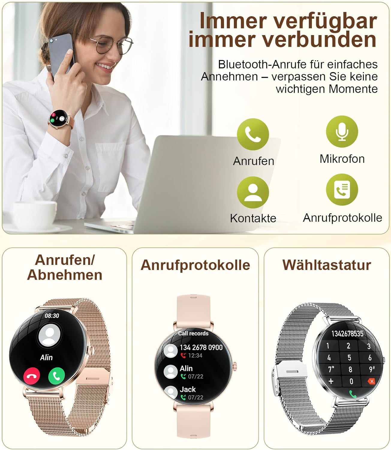 LIGE 2025 Smartwatch Damen, 1,43" HD AMOLED Kreisbogen Display RosĂ©gold Armbanduhr Mit Telefonfunktion, Menstruationszyklus/Herzfrequenz, IP68 Wasserdicht 120+ Sportmodi Sportuhr FĂŒr Andriod Ios