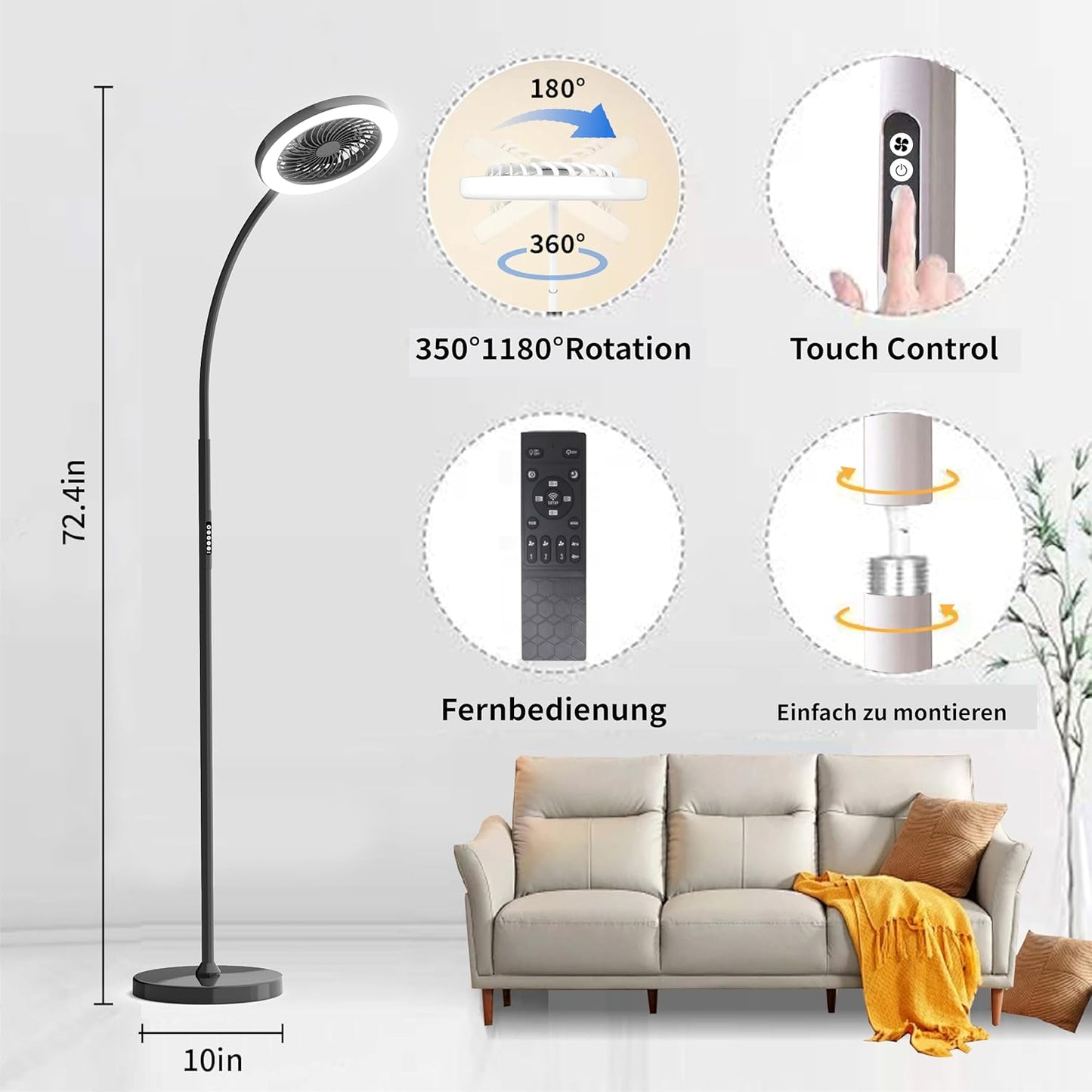 Stehlampe Mit Ventilator, Ventilatorlicht Mit RGB18W/1500 Lm Led-Stehlampe, Stufenlos Einstellbare 3000-6000K Farbe Und Dimmer, Fernbedienung Und Tastensteuerung (Schwarz, 1-Lüfterlicht)