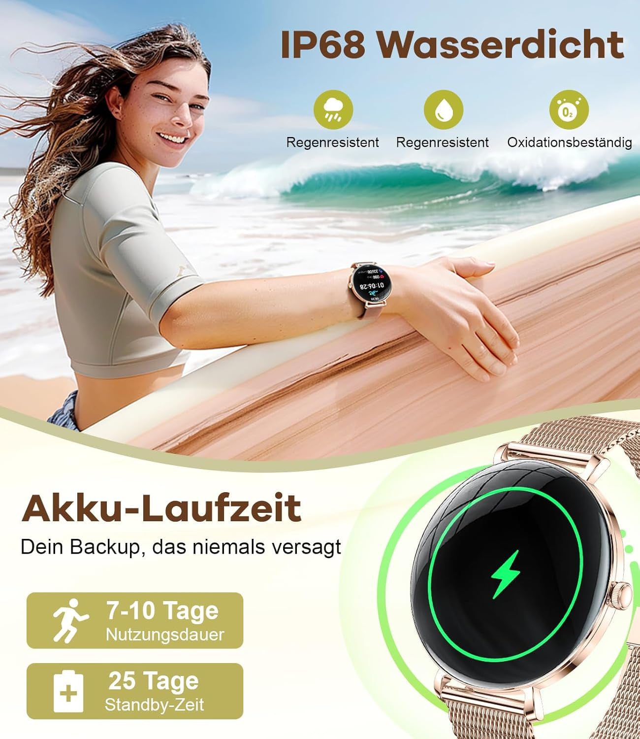 LIGE 2025 Smartwatch Damen, 1,43" HD AMOLED Kreisbogen Display RosĂ©gold Armbanduhr Mit Telefonfunktion, Menstruationszyklus/Herzfrequenz, IP68 Wasserdicht 120+ Sportmodi Sportuhr FĂŒr Andriod Ios
