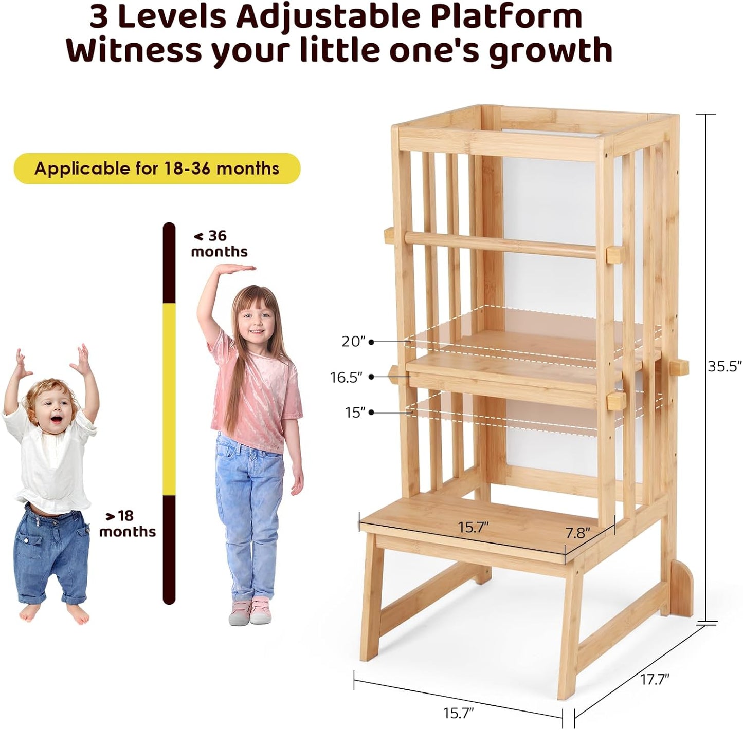 3 Stufen Höhenverstellbar Lernturm Und Tritthocker Für Kinder, a Förmiger Struktur, Sicherheitsgeländer, Für Kinder Im Alter Von 18-36 Monaten, Montessori Küchenhelfer, Bambusholz,Natural