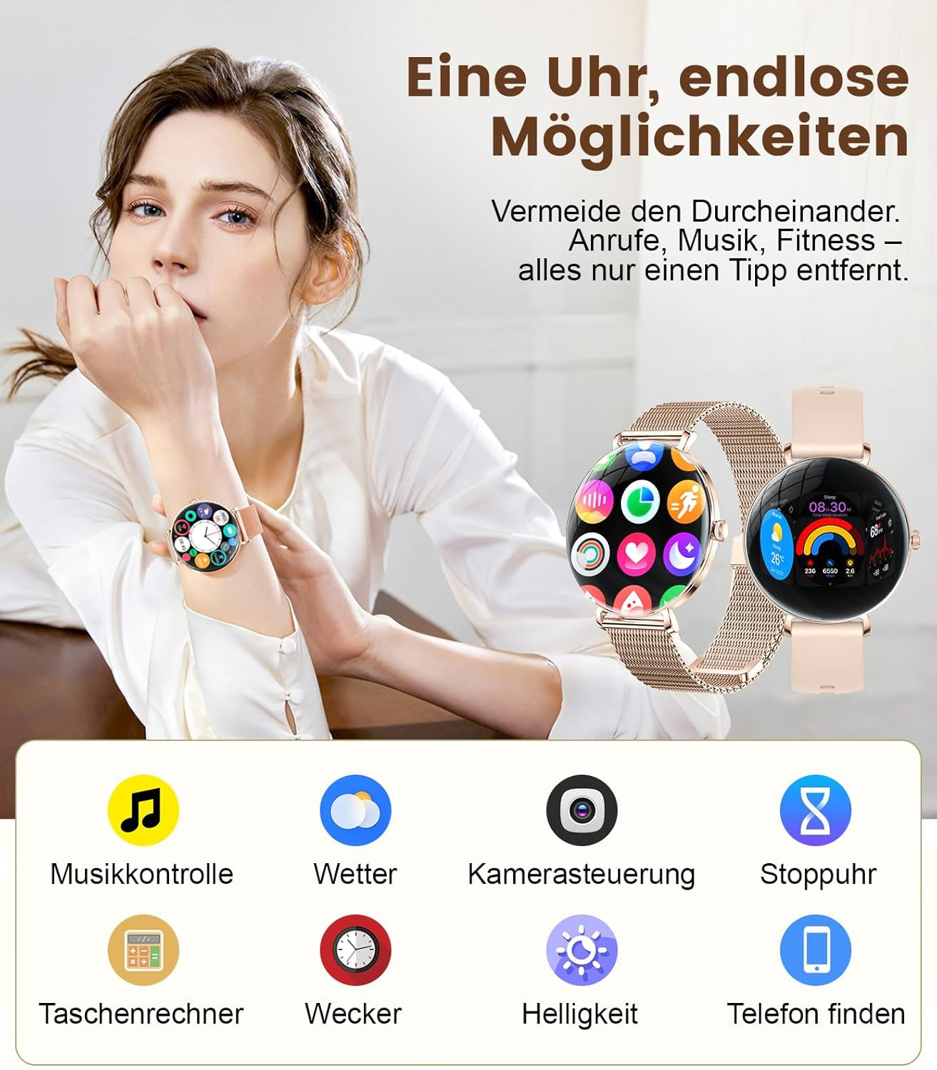LIGE 2025 Smartwatch Damen, 1,43" HD AMOLED Kreisbogen Display RosĂ©gold Armbanduhr Mit Telefonfunktion, Menstruationszyklus/Herzfrequenz, IP68 Wasserdicht 120+ Sportmodi Sportuhr FĂŒr Andriod Ios