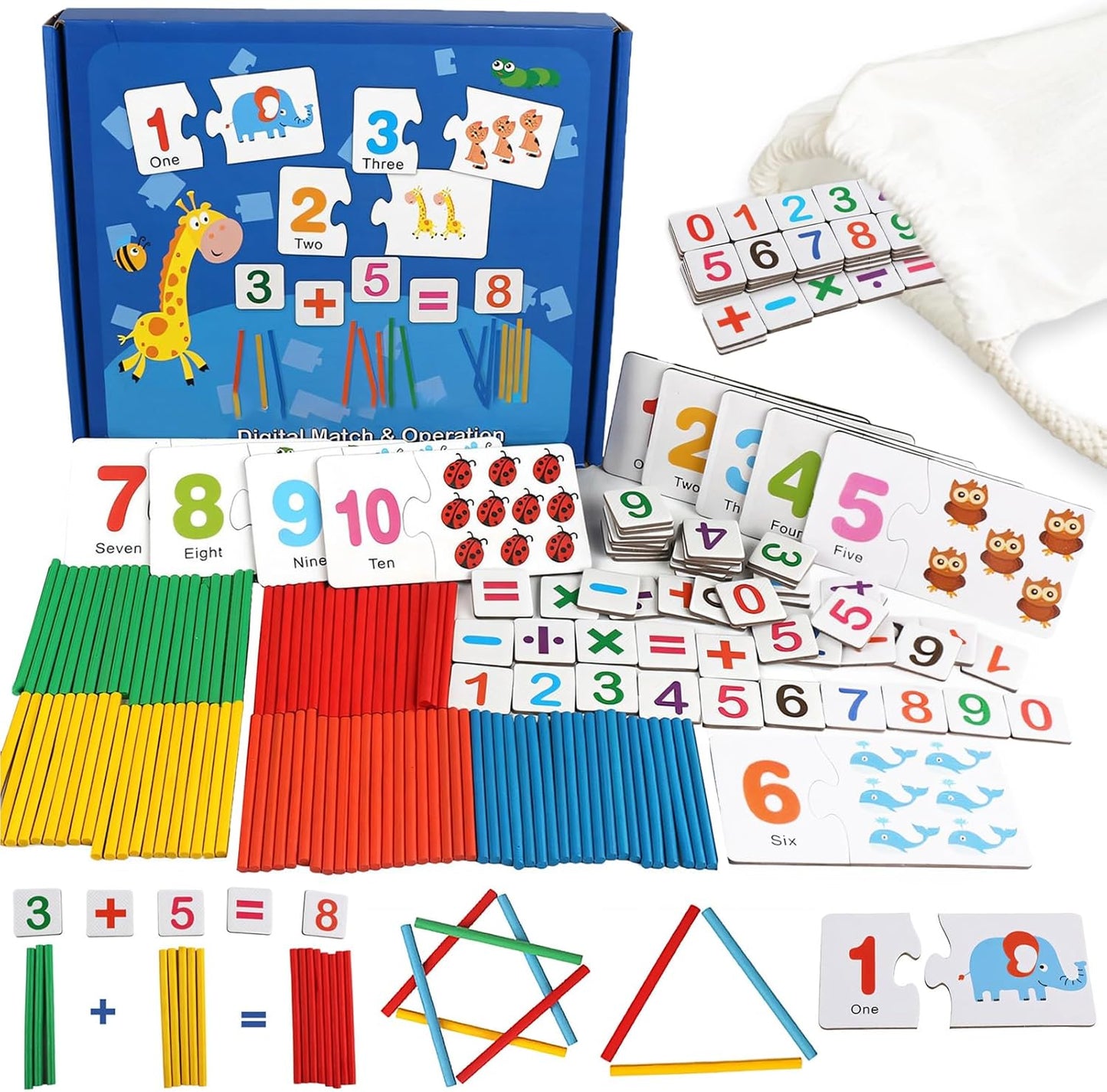 TEUVO Montessori Mathematik Zählen Spielzeug Für Kinder 3-6 Jahre, Vorschule Lernspielzeug Mit Zahlenpuzzle/Zählstäbe/Mathekarten, Mathematik Lernmaterial Für Home Schule Lehre