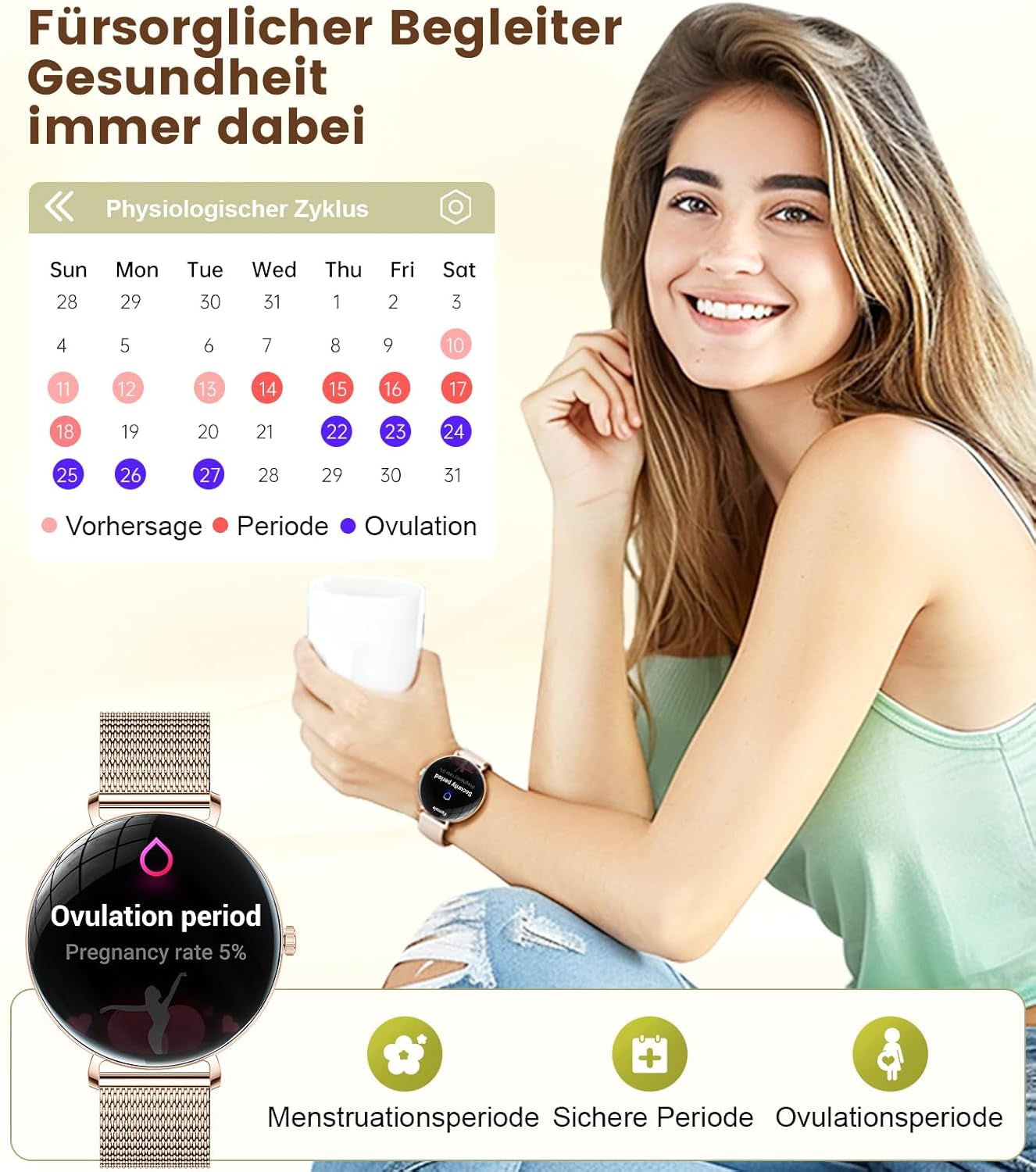 LIGE 2025 Smartwatch Damen, 1,43" HD AMOLED Kreisbogen Display RosĂ©gold Armbanduhr Mit Telefonfunktion, Menstruationszyklus/Herzfrequenz, IP68 Wasserdicht 120+ Sportmodi Sportuhr FĂŒr Andriod Ios