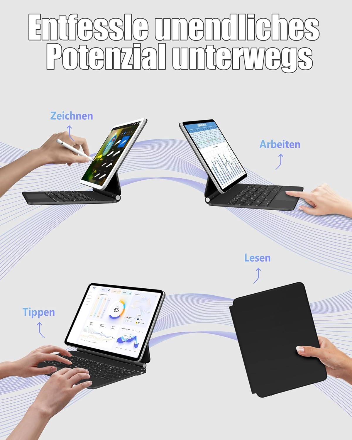 Tastaturhülle Für Ipad Pro 11 Zoll (M4 2024) – DE QWERTZ Tastatur Mit Rgb-Hintergrundbeleuchtung, Funktionstasten & Multi-Touch-Trackpad, Leicht & Langlebig, Schwarz-Grau