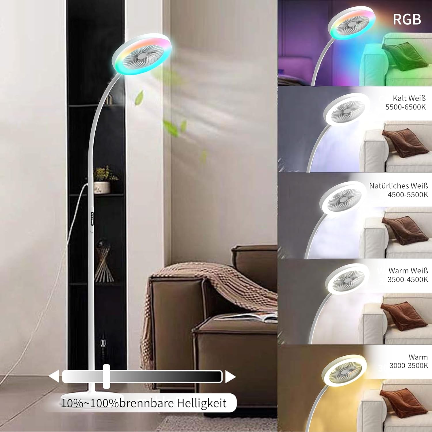 Stehlampe Mit Ventilator, Ventilatorlicht Mit RGB18W/1500 Lm Led-Stehlampe, Stufenlos Einstellbare 3000-6000K Farbe Und Dimmer, Fernbedienung Und Tastensteuerung (Schwarz, 1-Lüfterlicht)