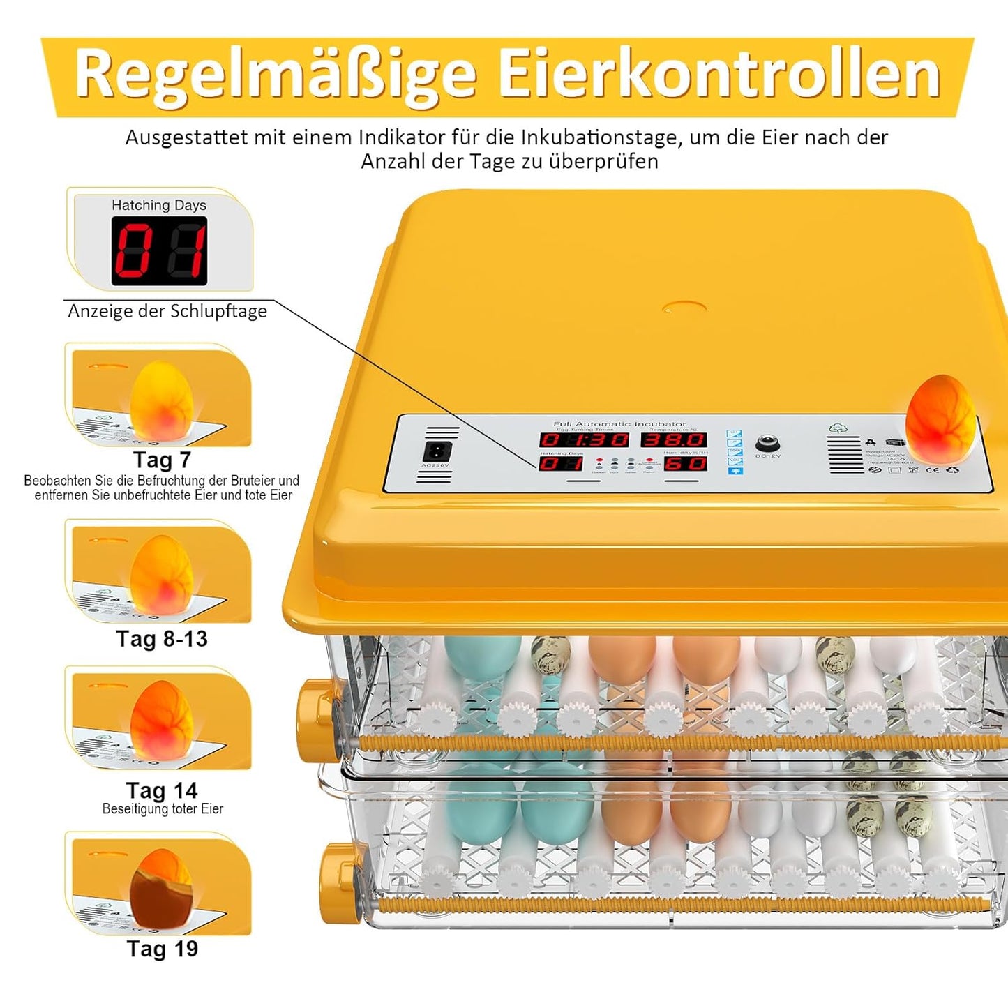 Brutautomat Vollautomatisch Von 120 Eiern, Brutmaschine Mit Automatischer Eierwende Und Feuchtigkeitsüberwachung, Temperaturkontrolle, 5 Automatische Brutmodi Und Brutdaueraufzeichnung