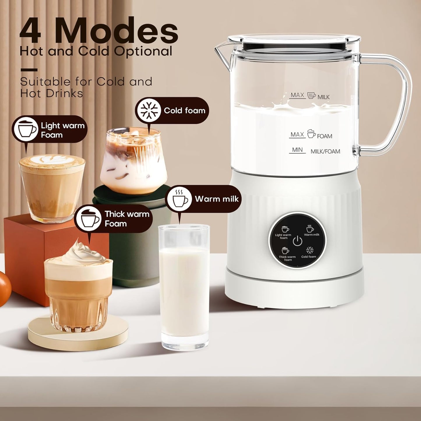 4 in 1 Milchaufschäumer Elektrisch Und Milchwärmer, Automatische Milchschäumer Für Heiß & Kalt, Elektrischer Milchaufschäumer Visuelles Glas, Schaum Maker Für Kaffee, Latte, Cappuccino, Weiß