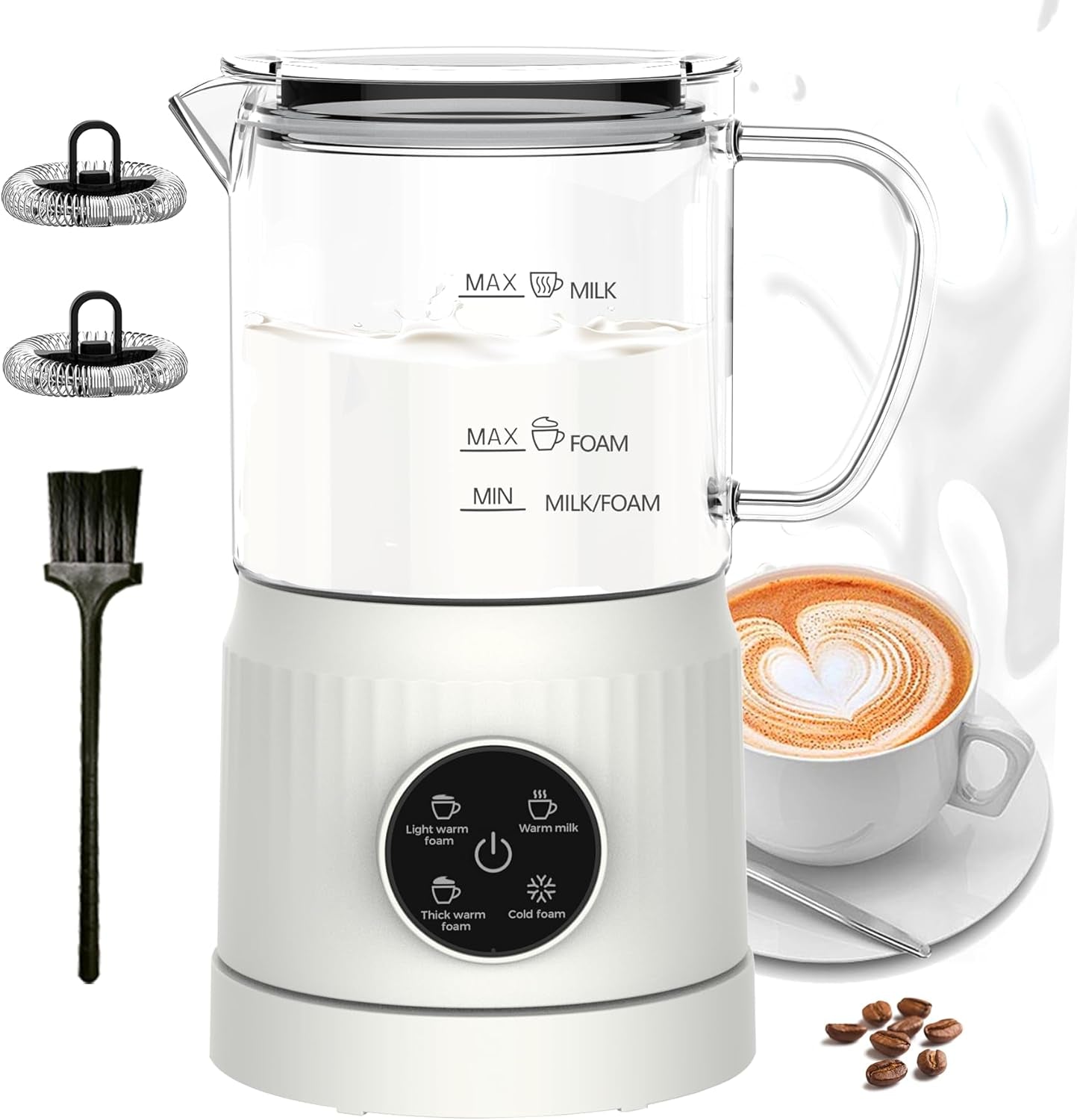 4 in 1 Milchaufschäumer Elektrisch Und Milchwärmer, Automatische Milchschäumer Für Heiß & Kalt, Elektrischer Milchaufschäumer Visuelles Glas, Schaum Maker Für Kaffee, Latte, Cappuccino, Weiß